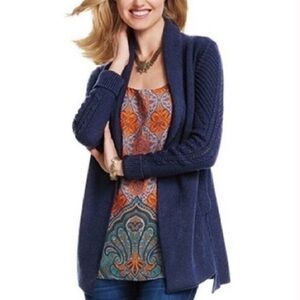 NWOT Cabi Countryside Blue Open Front Cable Knit Long Cardigan Sweater Medium